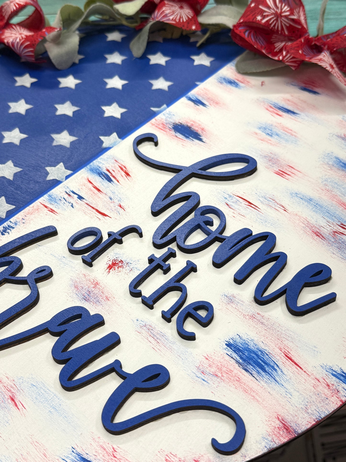 Home of the Brave Patriotic Door Hanger – Handmade Americana Front Door Decor