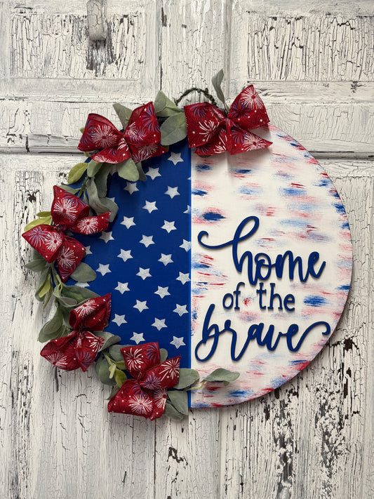 Home of the Brave Patriotic Door Hanger – Handmade Americana Front Door Decor