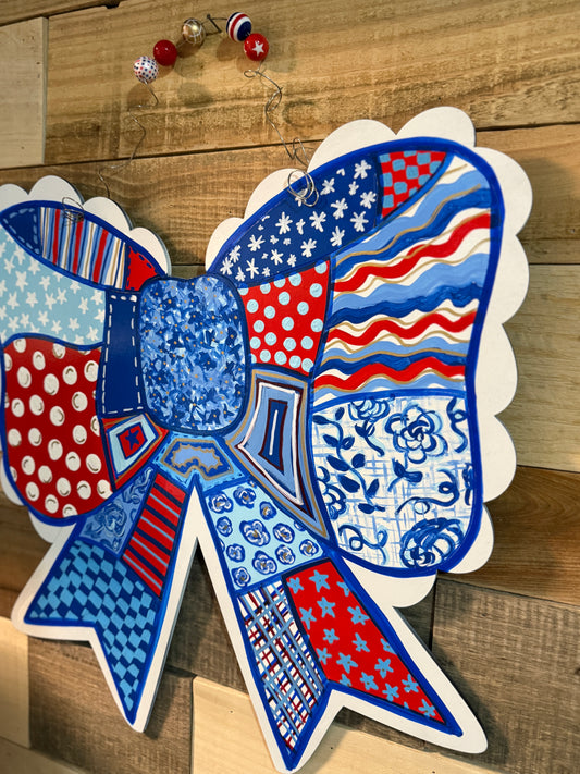 Hand Painted Patriotic Patchwork Bow Door Hanger - Granny Cottage Core Coquette Bow