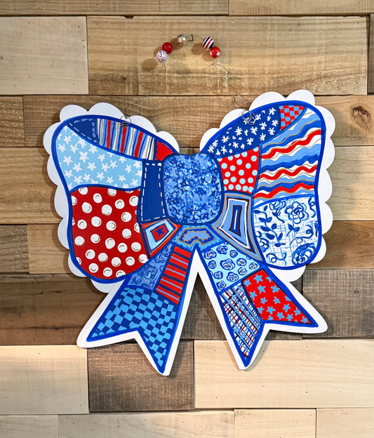 Hand Painted Patriotic Patchwork Bow Door Hanger - Granny Cottage Core Coquette Bow