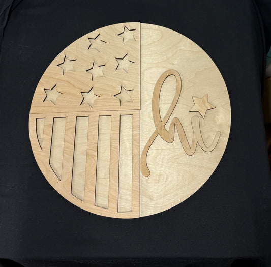 Patriotic Round Door Hanger Blank – USA Flag “Hi” DIY Wood Sign