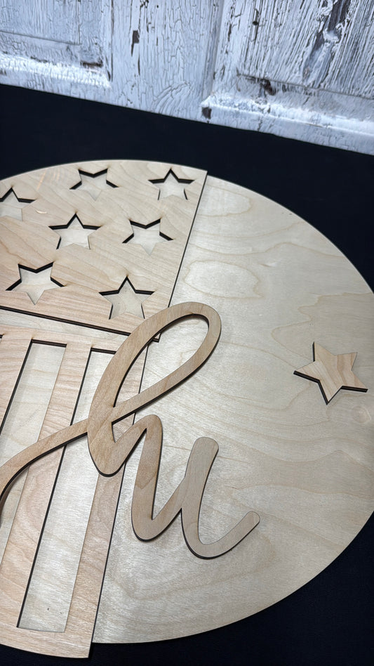 Patriotic Round Door Hanger Blank – USA Flag “Hi” DIY Wood Sign