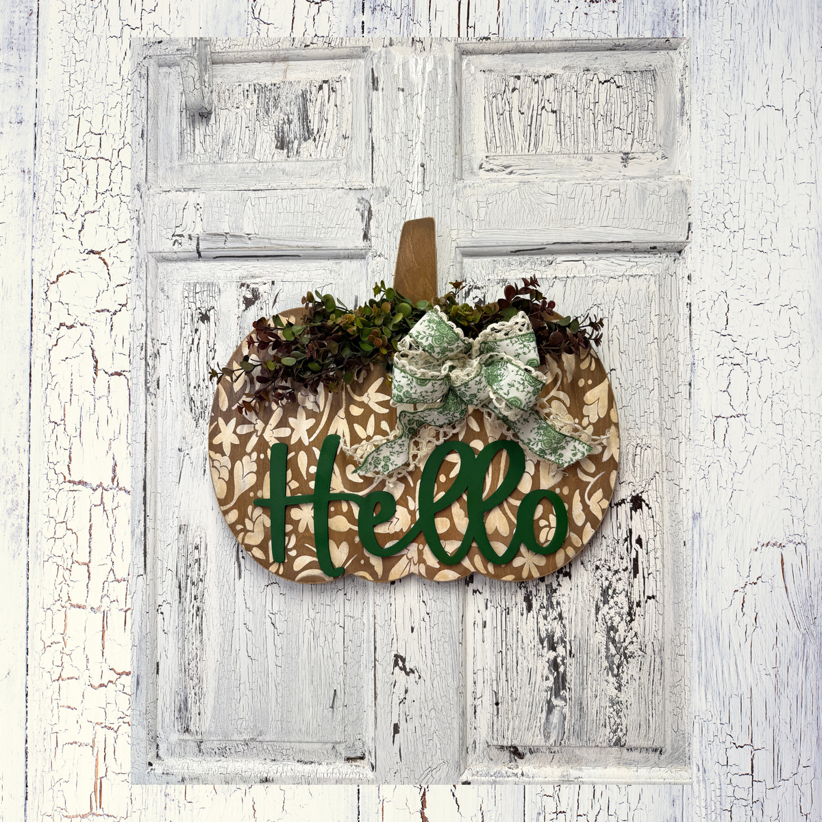 Pumpkin Floral Door Hanger / Hello Greeting Welcome Sign
