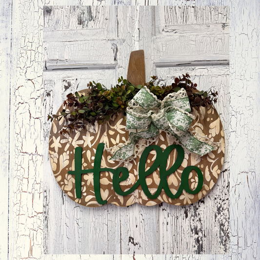 Pumpkin Floral Door Hanger / Hello Greeting Welcome Sign
