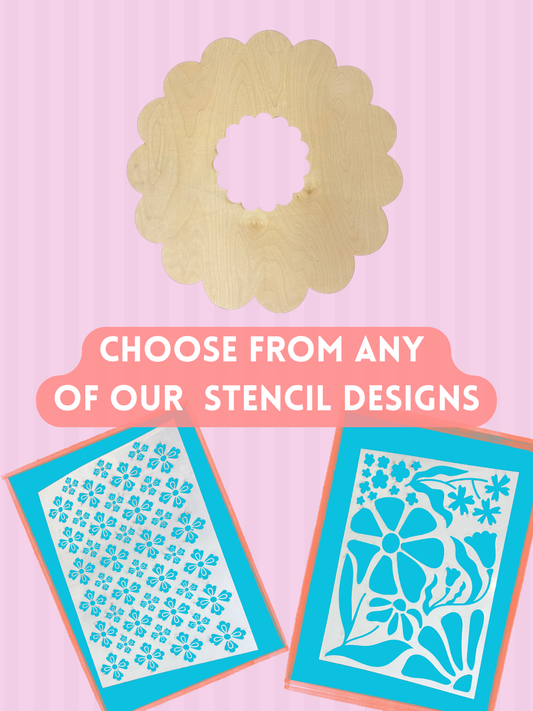 DIY Scallop Edge Wreath Shape Wood Sign Kit with Stencil – 12x16 Mylar Stencil & 1/4” Birch Wood Blank – Craft Kit for Small Business & DIY Home Decor Projects