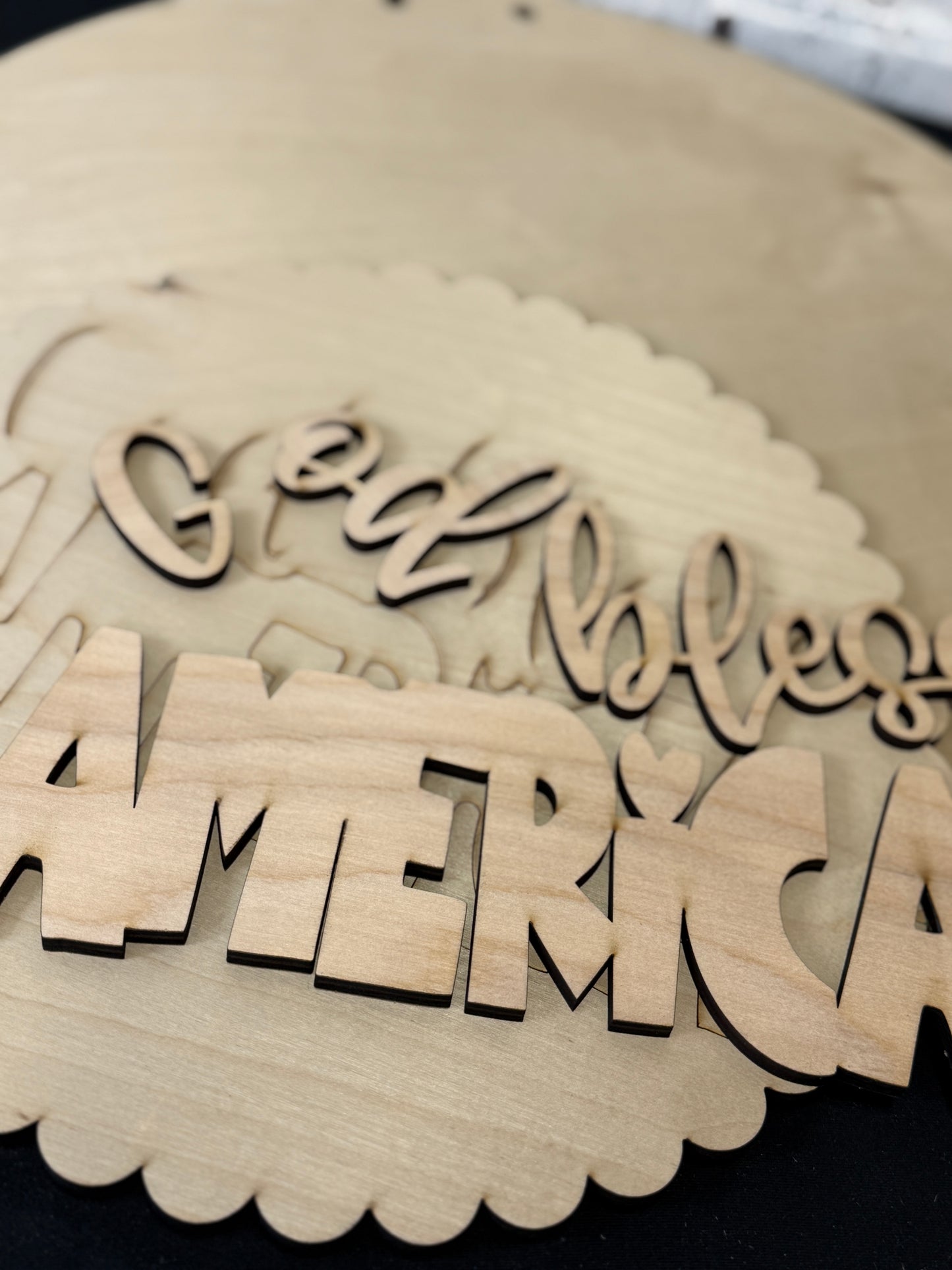 God Bless America Door Hanger DIY Kit | Patriotic Wood Blank with 3D Words | Faith Based Craft Kit | Scalloped Round Sign