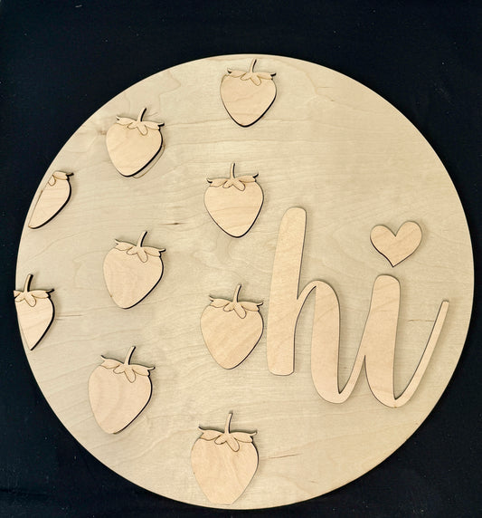 Strawberry Theme Hi Door Hanger DIY Kit | Wood Blank with 3D Words | Reusable Stencil Craft Kit | Round Sign