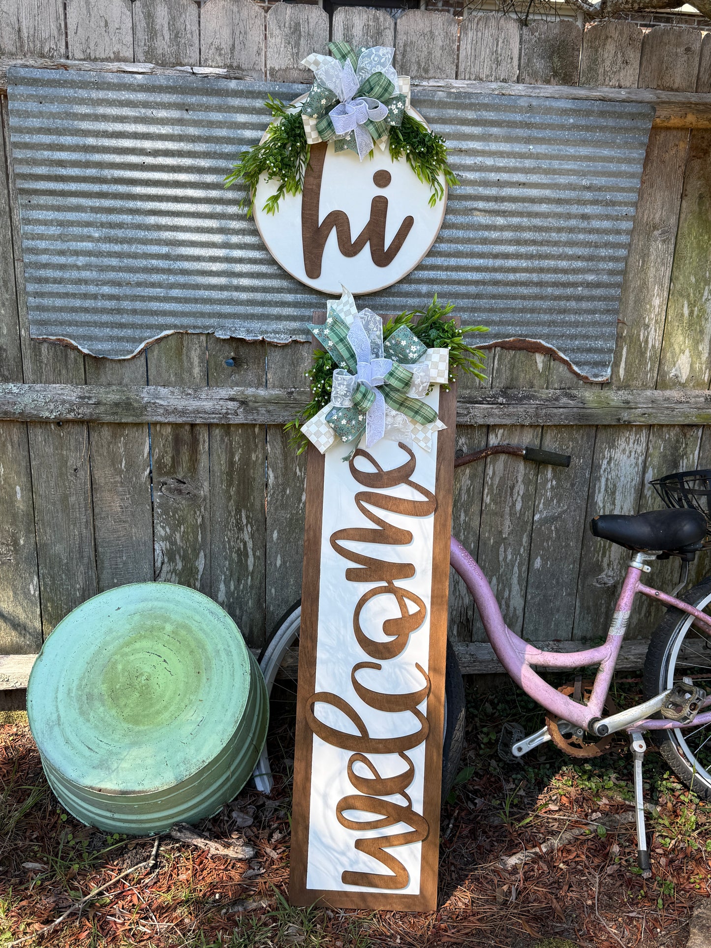 Welcome Chunky Hi Porch Decor Set Leaner and Door Hanger Everyday Year Round Farmhouse Entryway Bundle