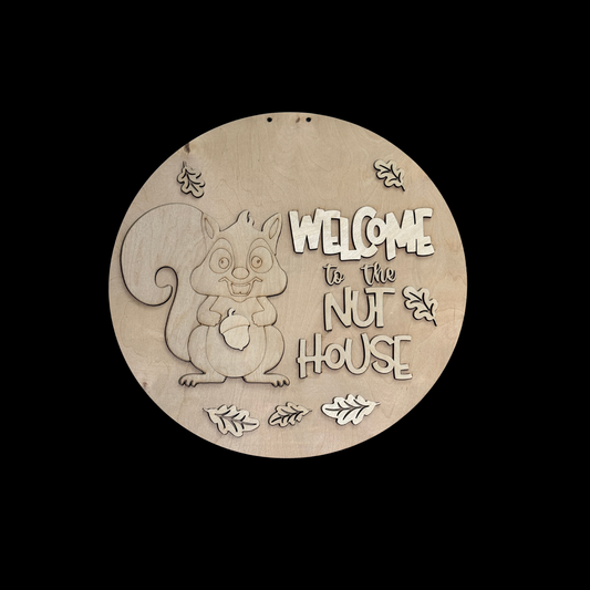 Welcome To The Nuthouse Squirrel w/ Leaves  DIY Wood Door Hanger Kit | Funny Fall Sign
