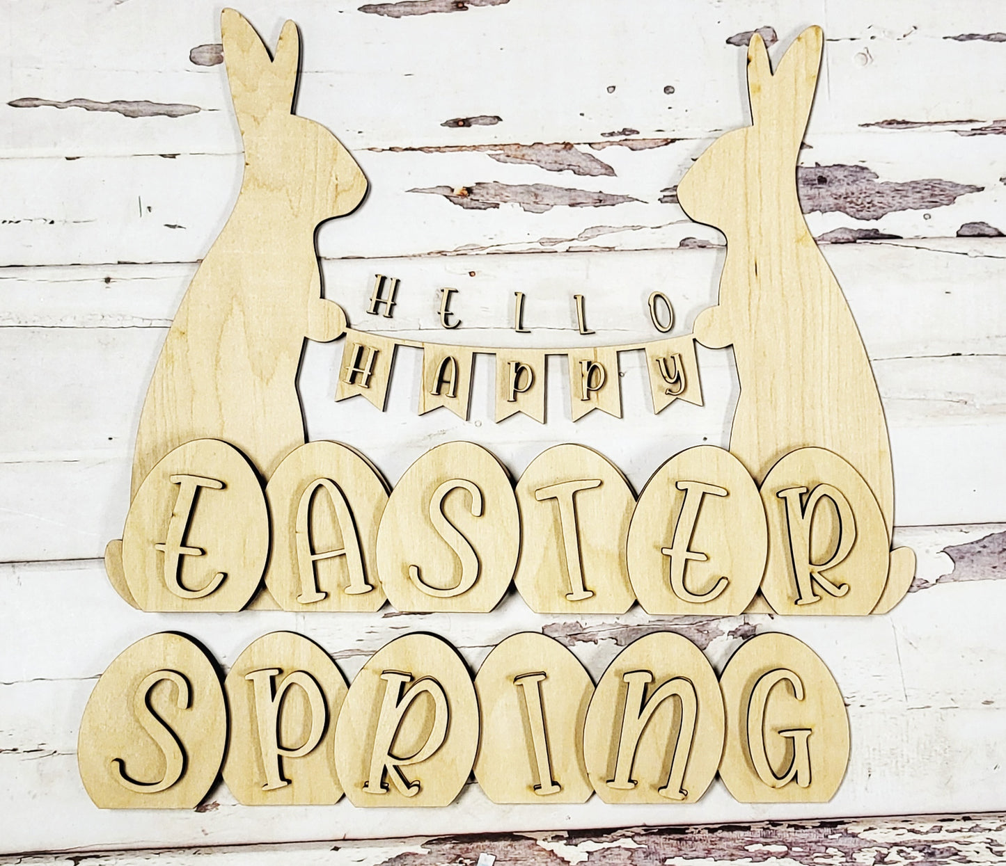Reversible Happy Easter Hello Spring Bunny Decor Laser Cut / Engraved Wooden Blank