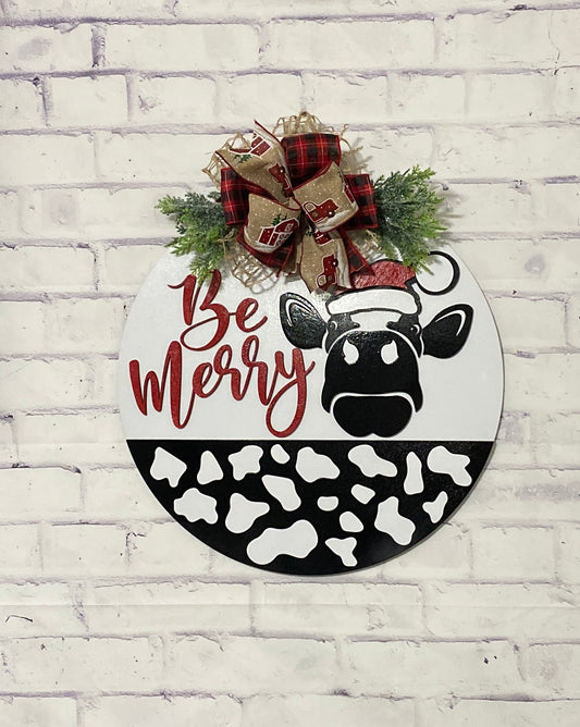 Be Merry Cow Print Christmas Door Hanger Laser Cut Blank for DIY Project