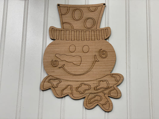 Snowman with Leopard Print Scarf Door Hanger Laser Cut Out Blank