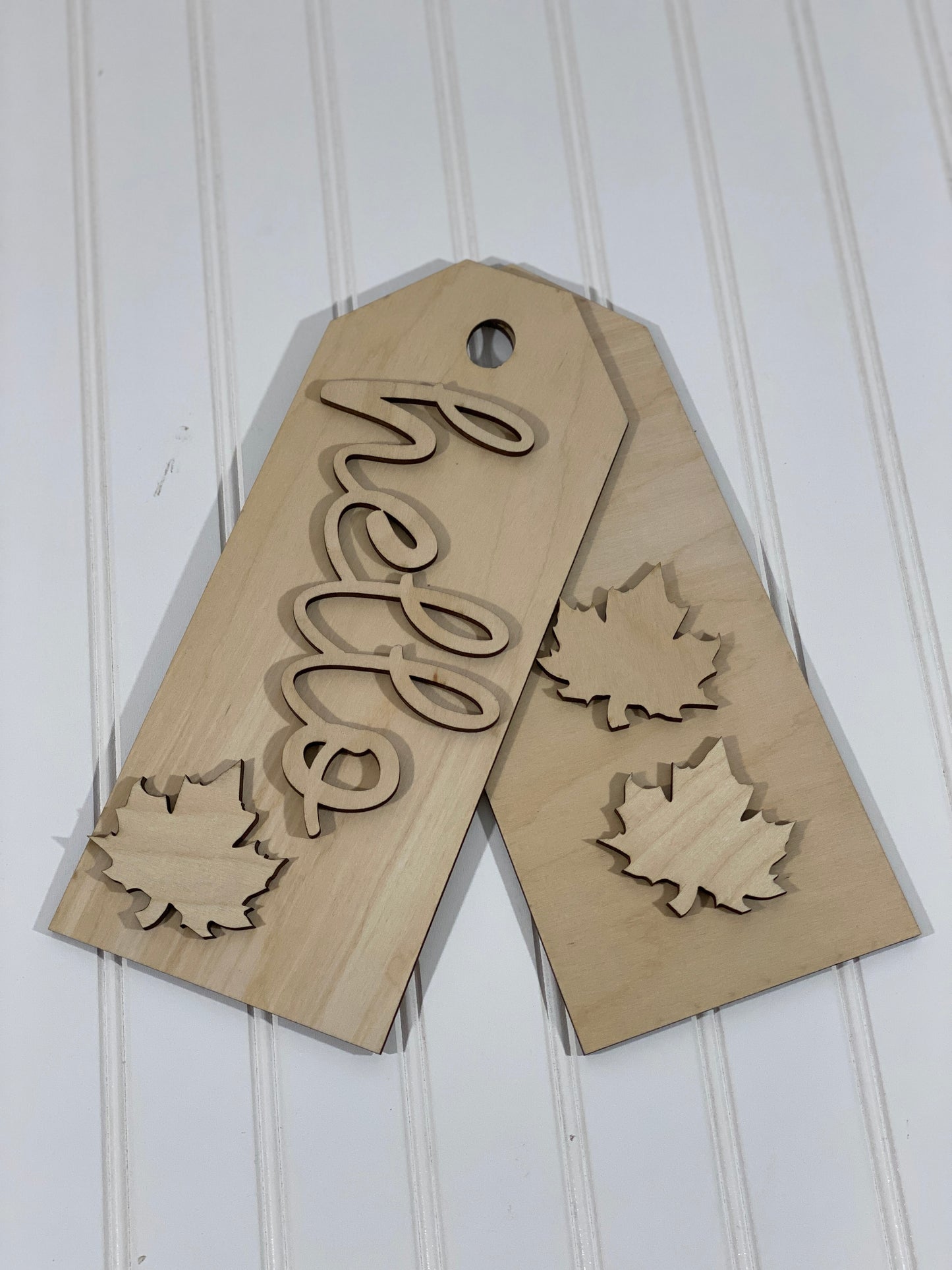 Wooden Tags with Hello Cutout and Maple Leaves Door Hanger Laser Cut / Engraved Wooden Blank