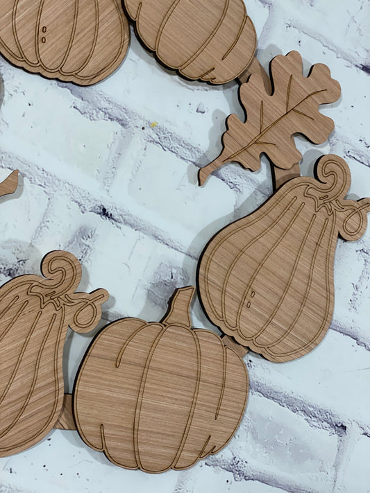 Pumpkins, Gourds and Leaves Wreath Door Hanger Laser Cut / Engraved Wooden Blank