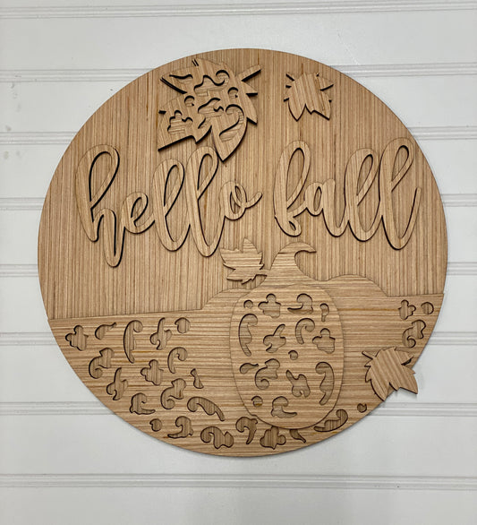 Hello Fall Leopard Design Door Hanger Laser Cut / Engraved Wooden Blank