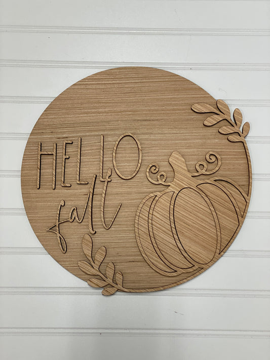 Hello Fall with Laurel Design Door Hanger Laser Cut / Engraved Wooden Blank