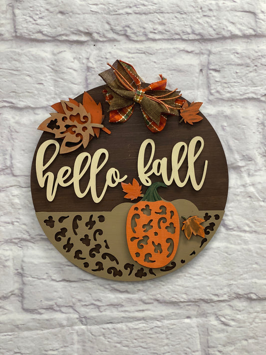 Hello Fall Leopard Design Door Hanger Laser Cut / Engraved Wooden Blank