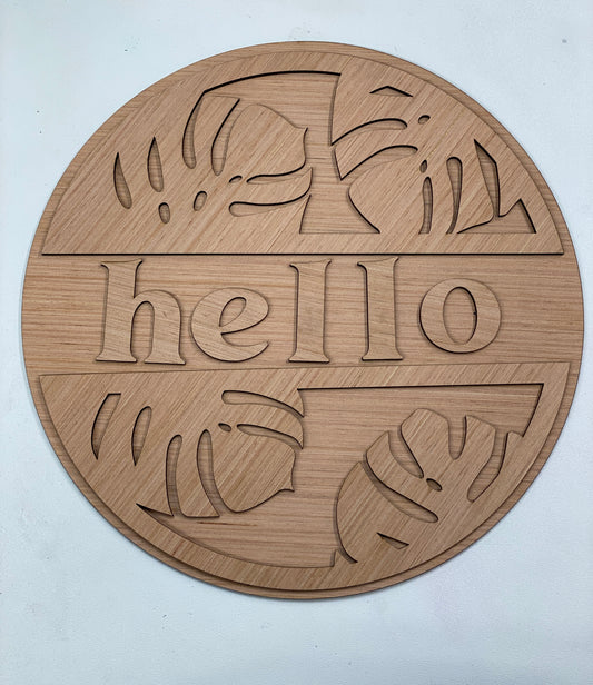 Hello Door Hanger with Monstera Leaf Detail 3D  Laser Cut Wood Blank Cutout Door Hanger