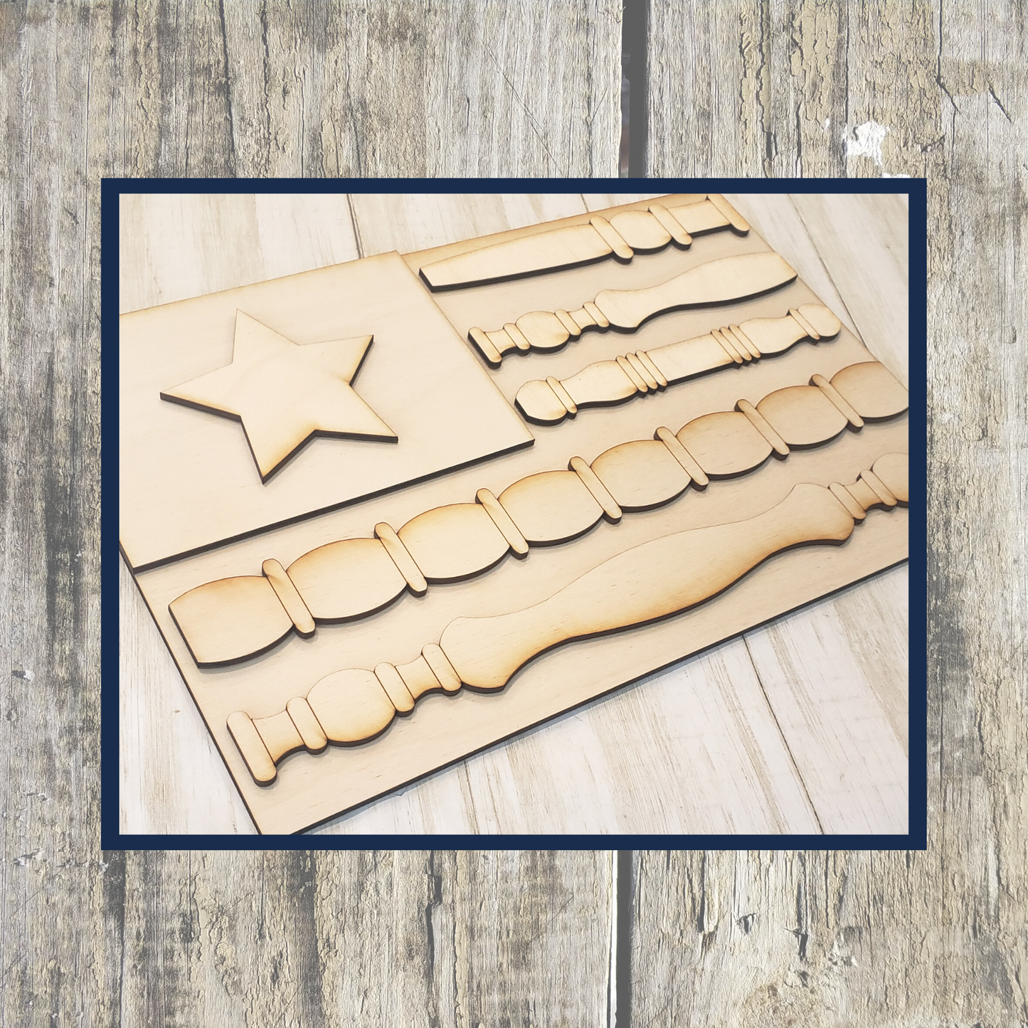 Spindle Design Flag Shelf Leaner Laser Cut / Engraved Wooden Blank