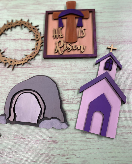 He Is Risen Easter Theme Tiered Tray Set Laser Cut Blank for DIY Project