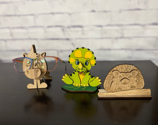 Eyeglass Holder, Unicorn, Hedgehog, Pig, Dino Eyeglass Stand Laser Cut / Engraved Wooden Blank