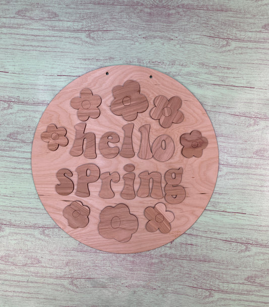 Hello Spring Retro Flowers  Layered Door Hanger Laser Cut Blank for DIY Project